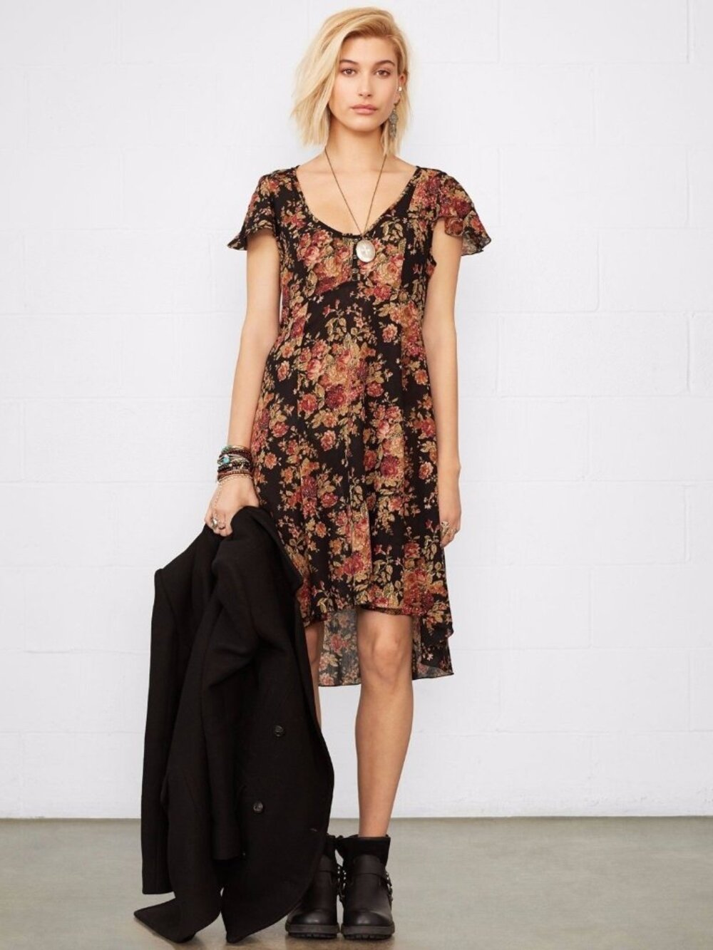 Denim & Supply Ralph Lauren Black Floral Midi Dress with Pink & Brown Blooms